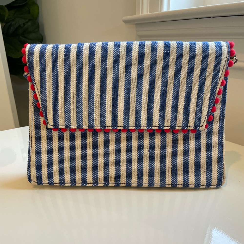 NWT J. Crew Striped Pom Pom Convertible Envelope Clutch